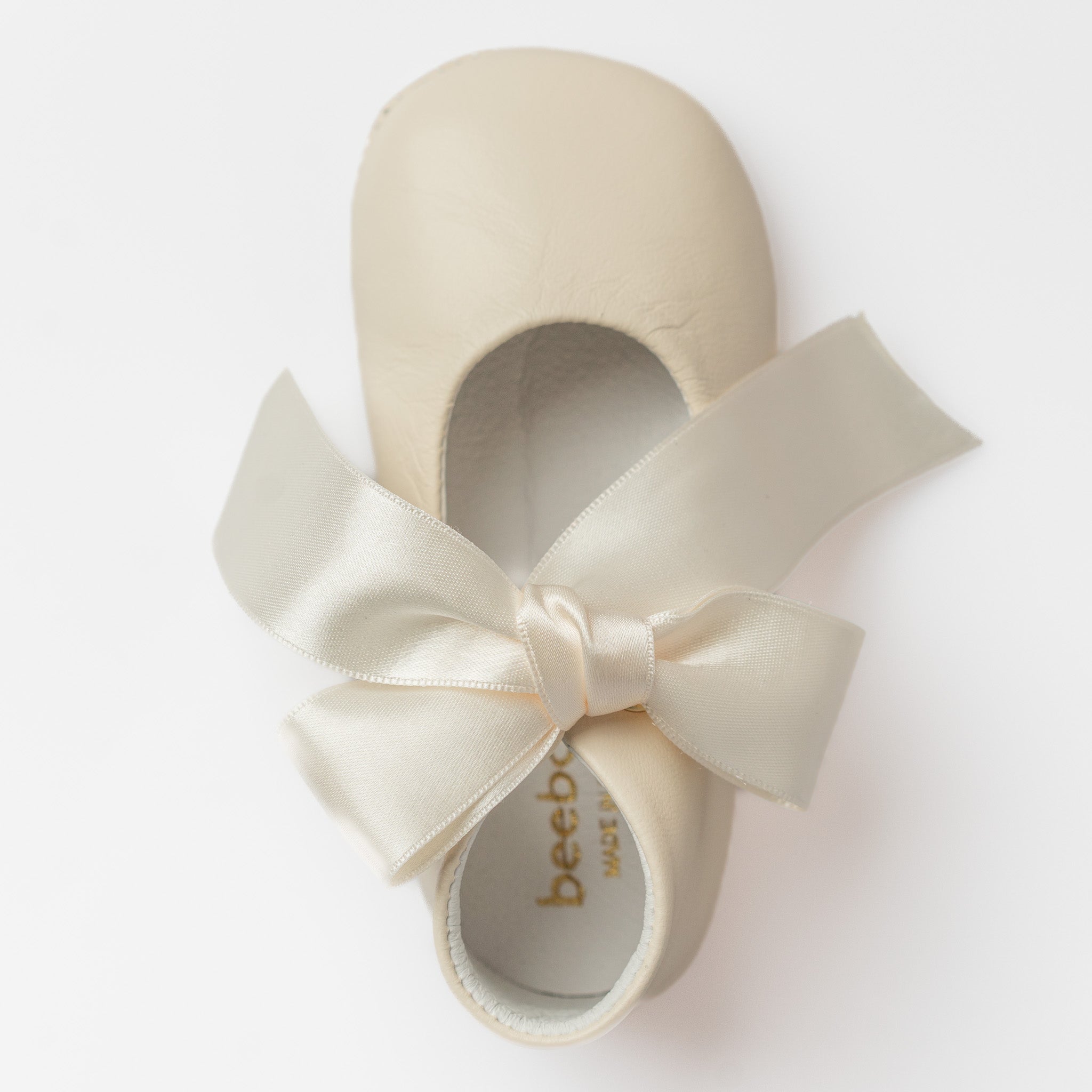 Baby Ivory Leather Mary Jane Pram Shoes with Satin Bow