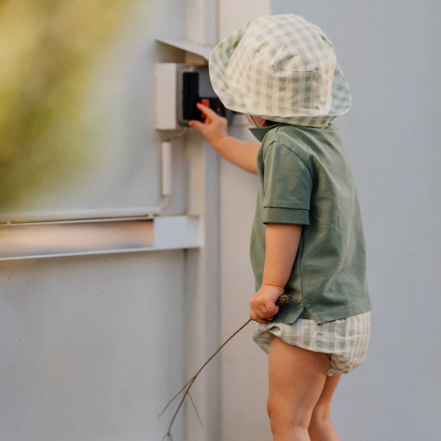 Boy Sage Gingham Linen Sun Hat