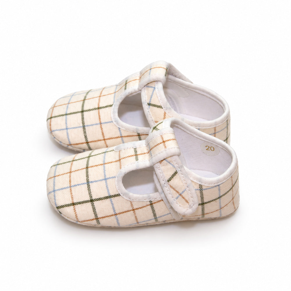 Baby Beige Check T-Bar Pram Shoes