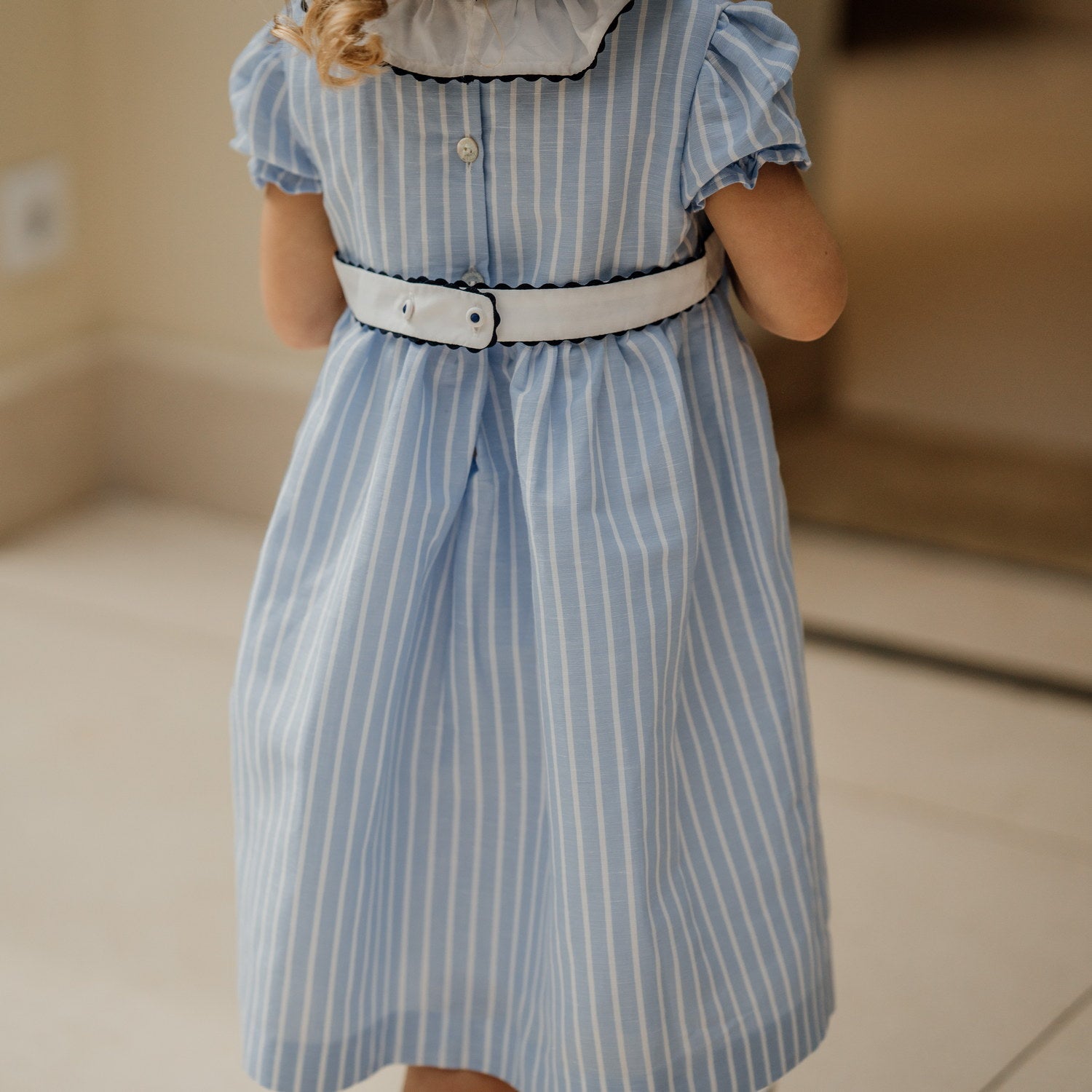 Girl Light Blue & White Stripe Linen Dress