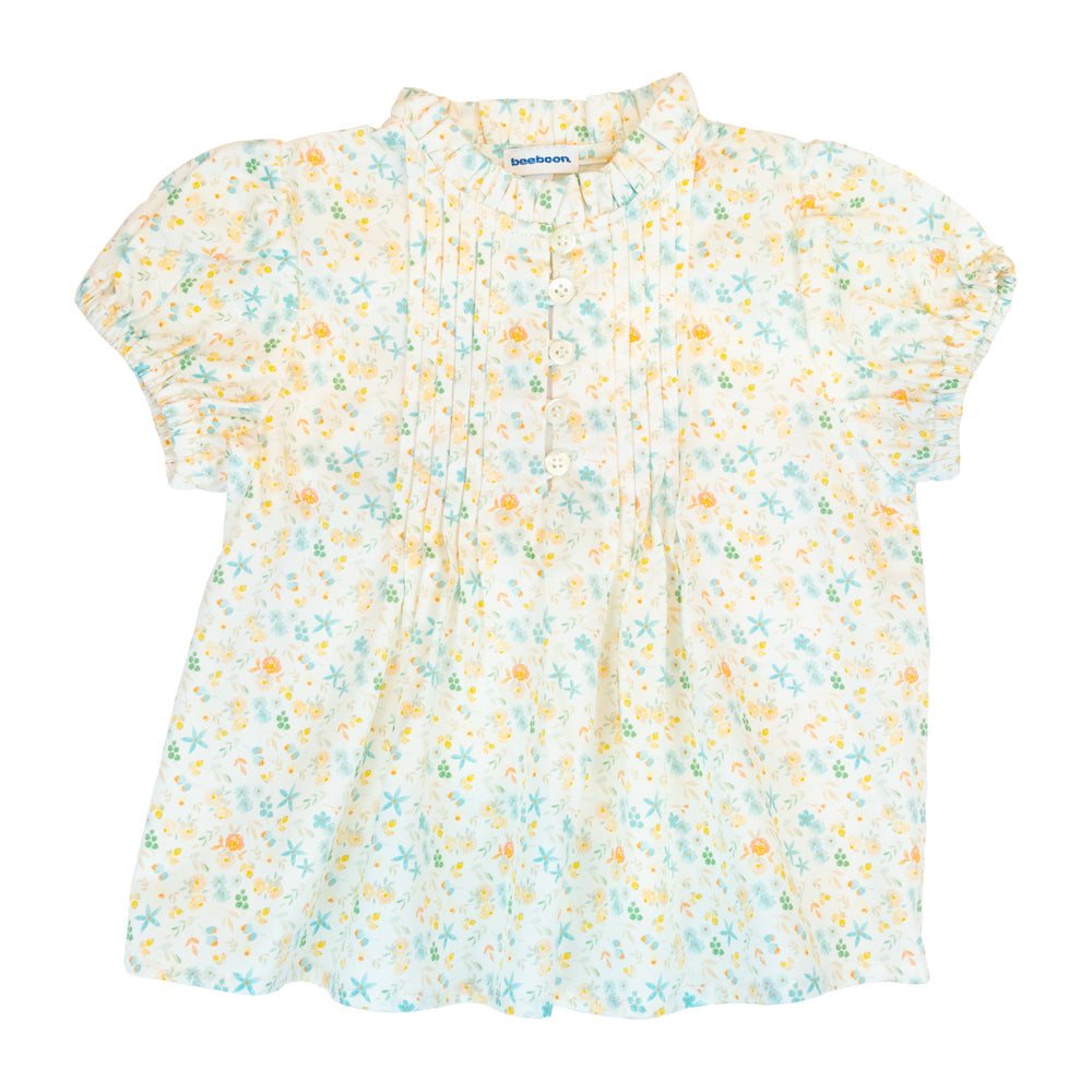 Girl Yellow & Sky Blue Floral Pleated Blouse