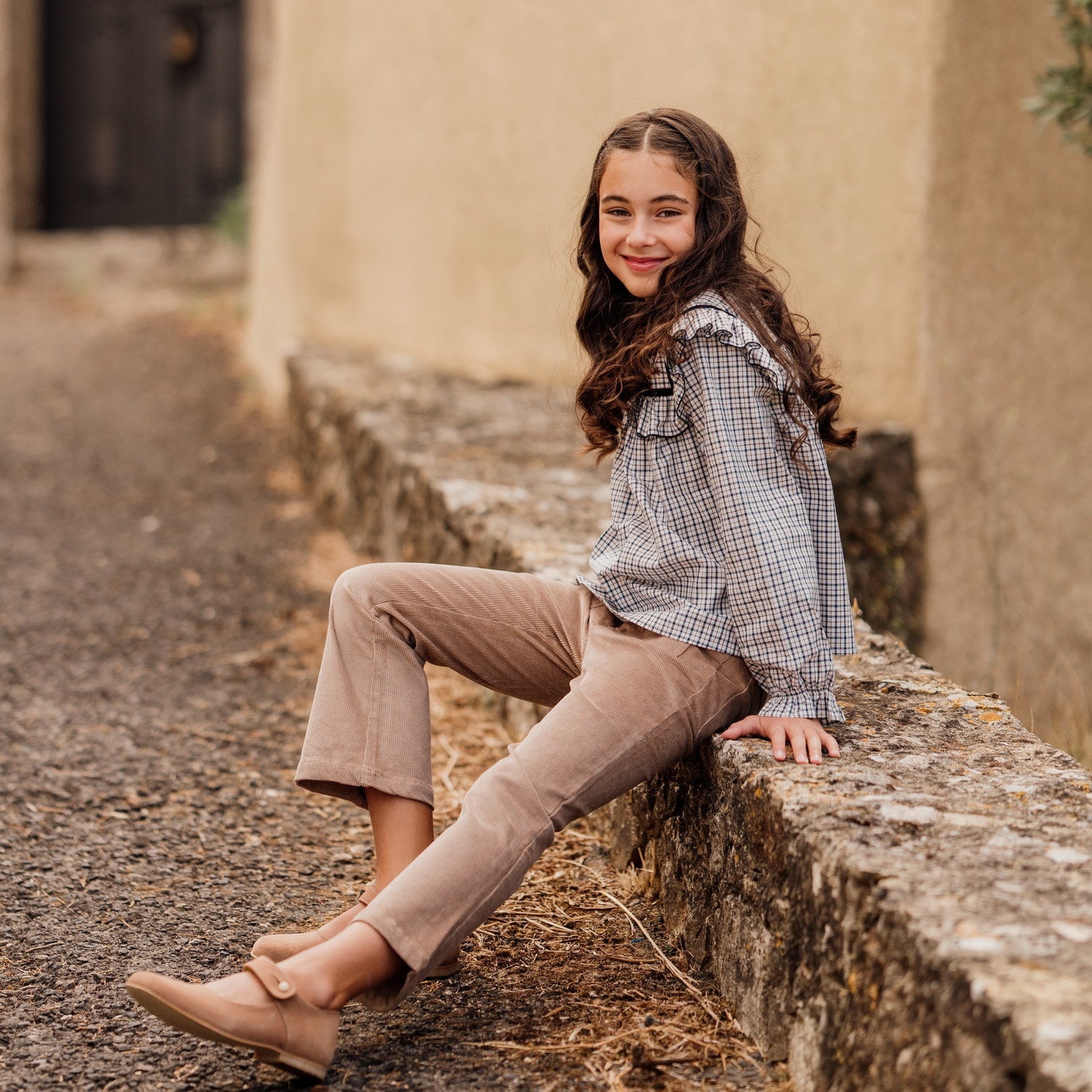 Girl Navy & Chestnut Check Blouse