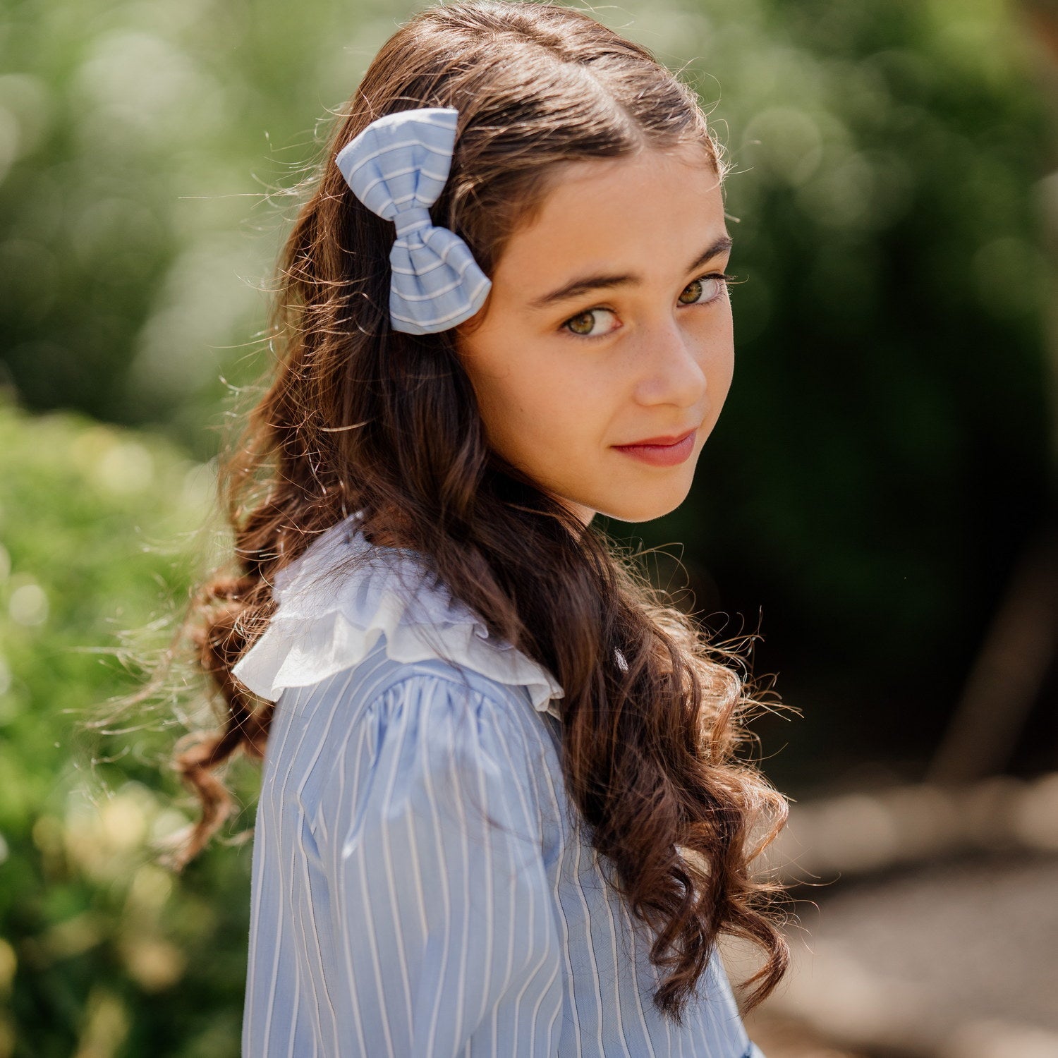 Girl Blue Stripe Bow Clip