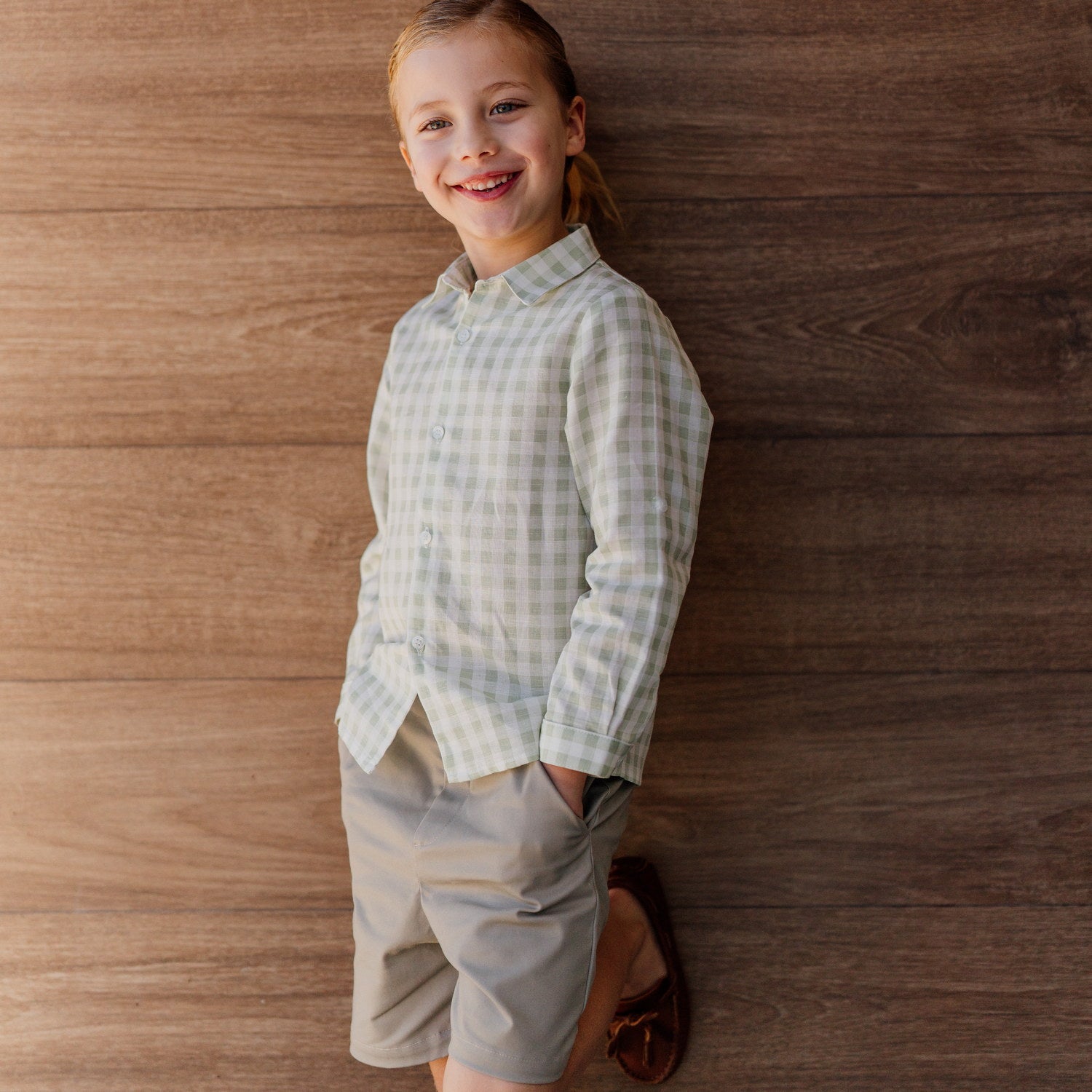 Boy Sage Gingham Linen Shirt