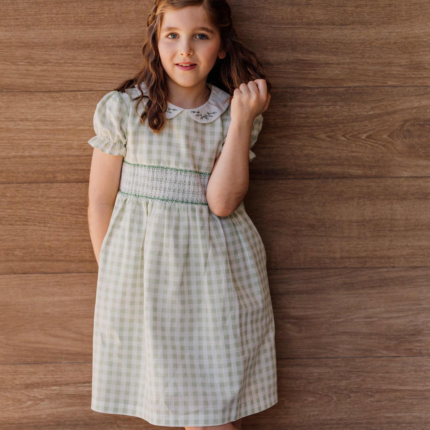 Girl Sage Gingham Hand Smocked Dress