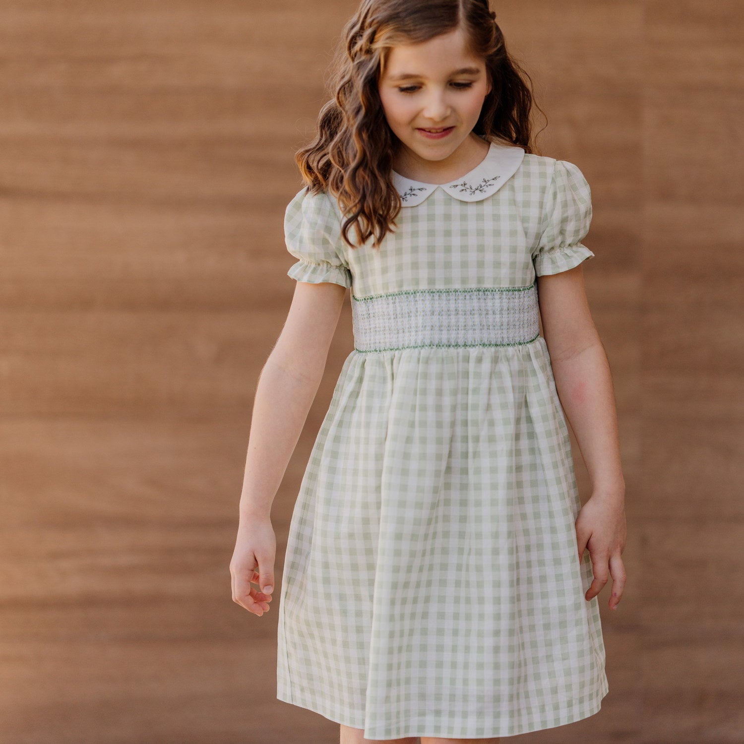 Girl Sage Gingham Hand Smocked Dress