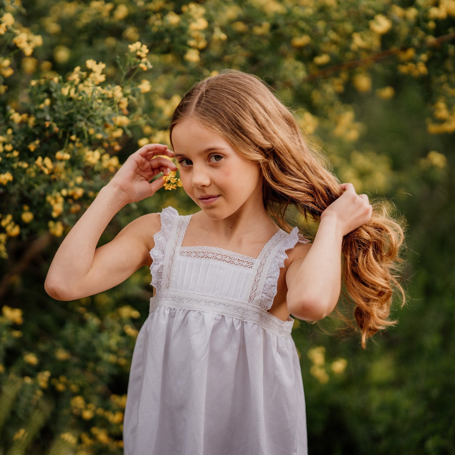 Girl White Linen Dress with Lace