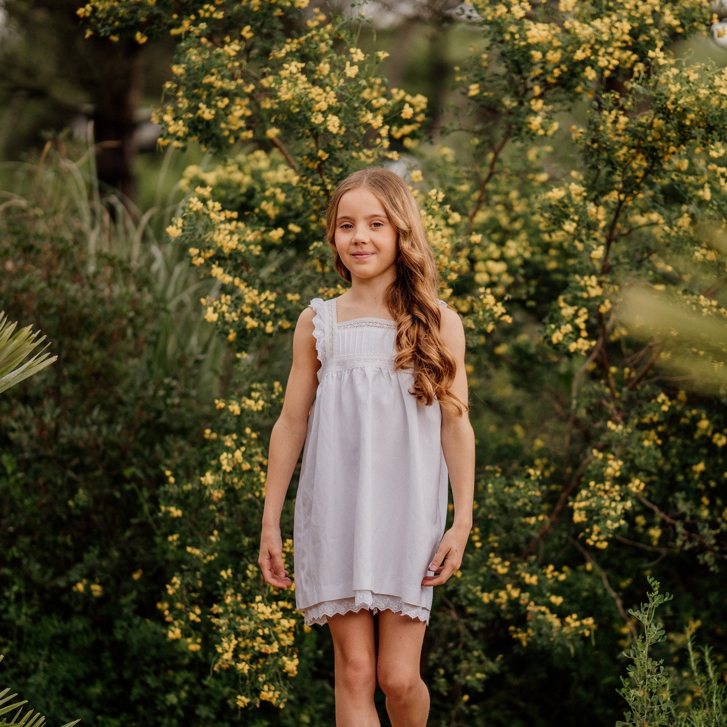 Girl White Linen Dress with Lace