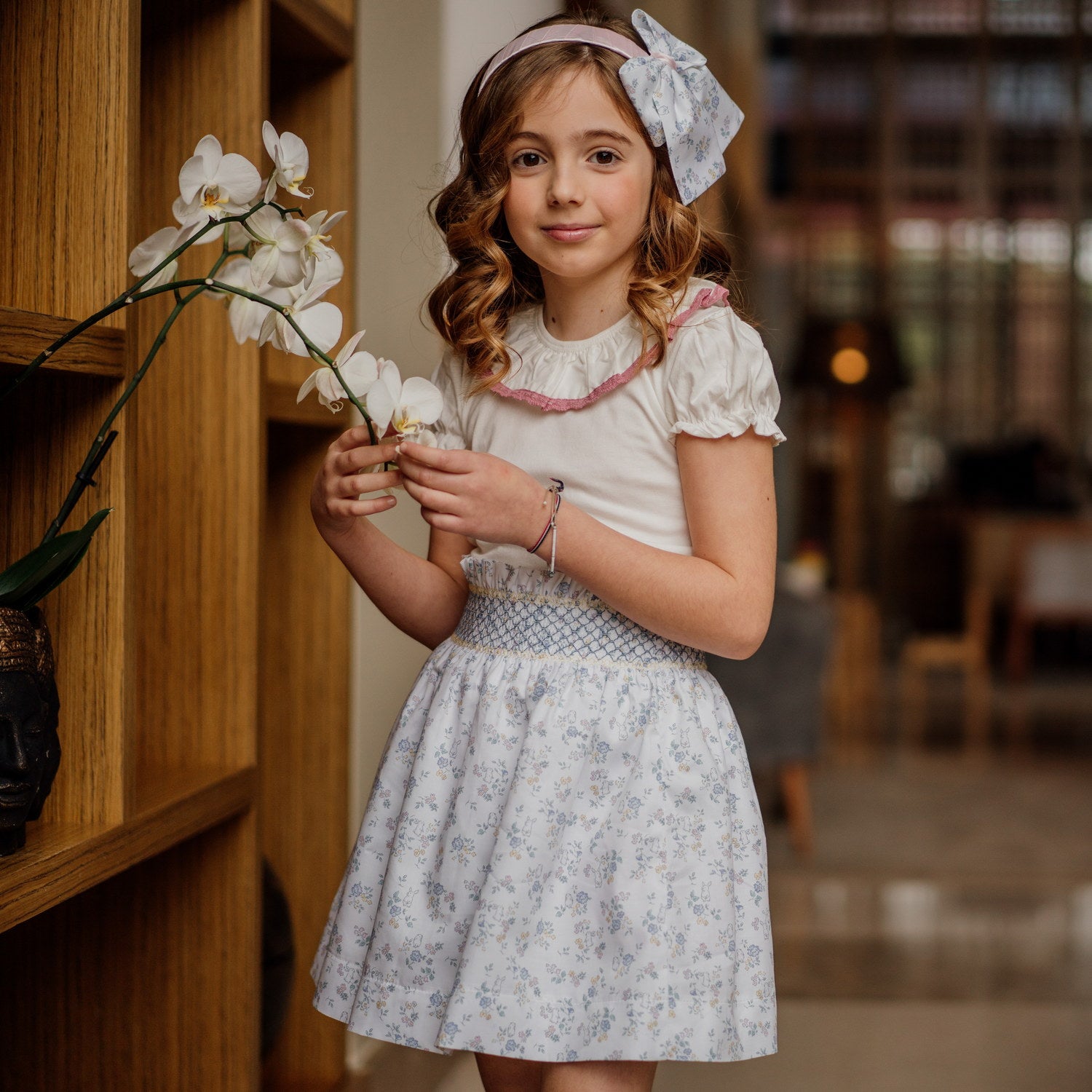 Girl White Bunnies Hand Smocked Skirt