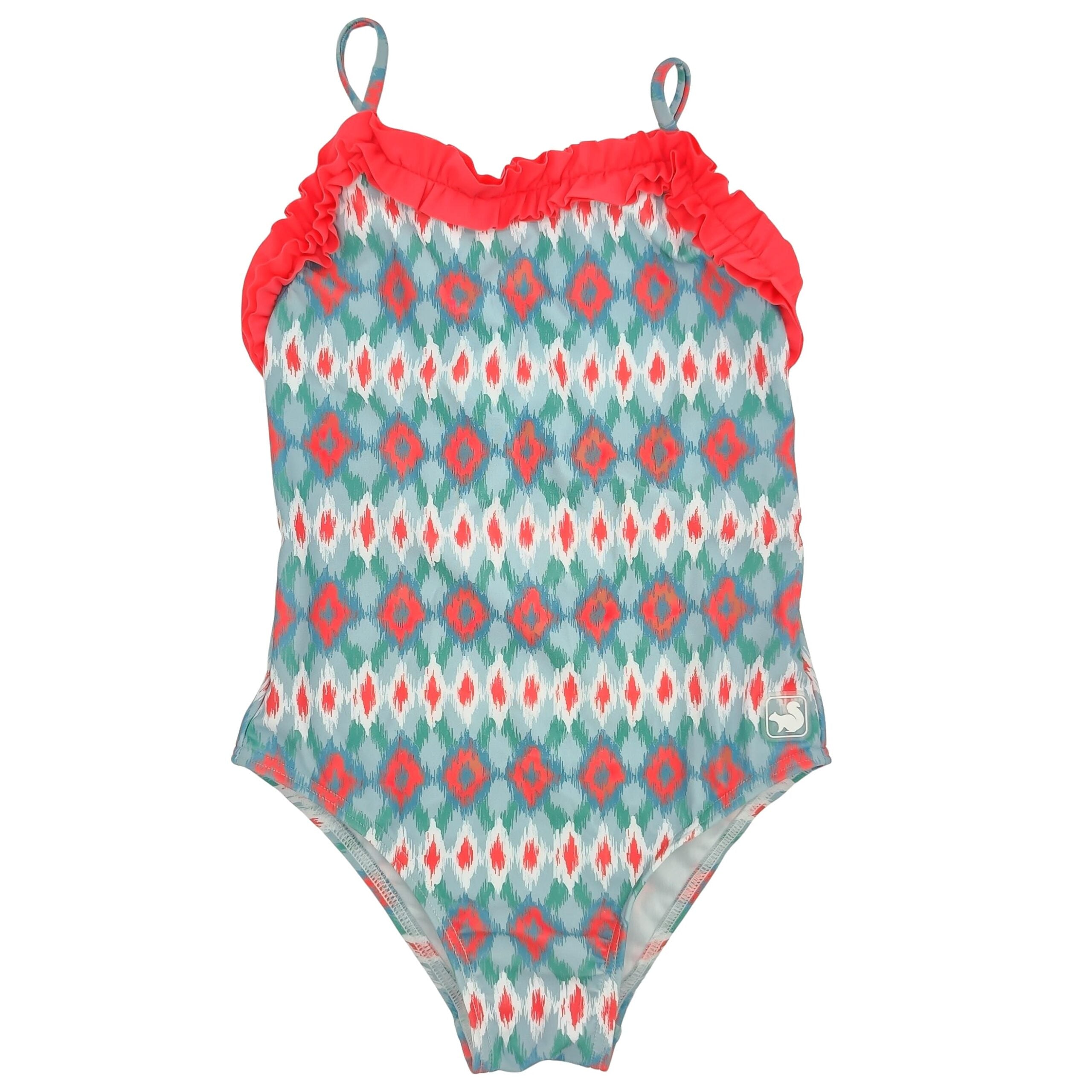 Girl Coral Ikat Double Frill Collar Swimsuit