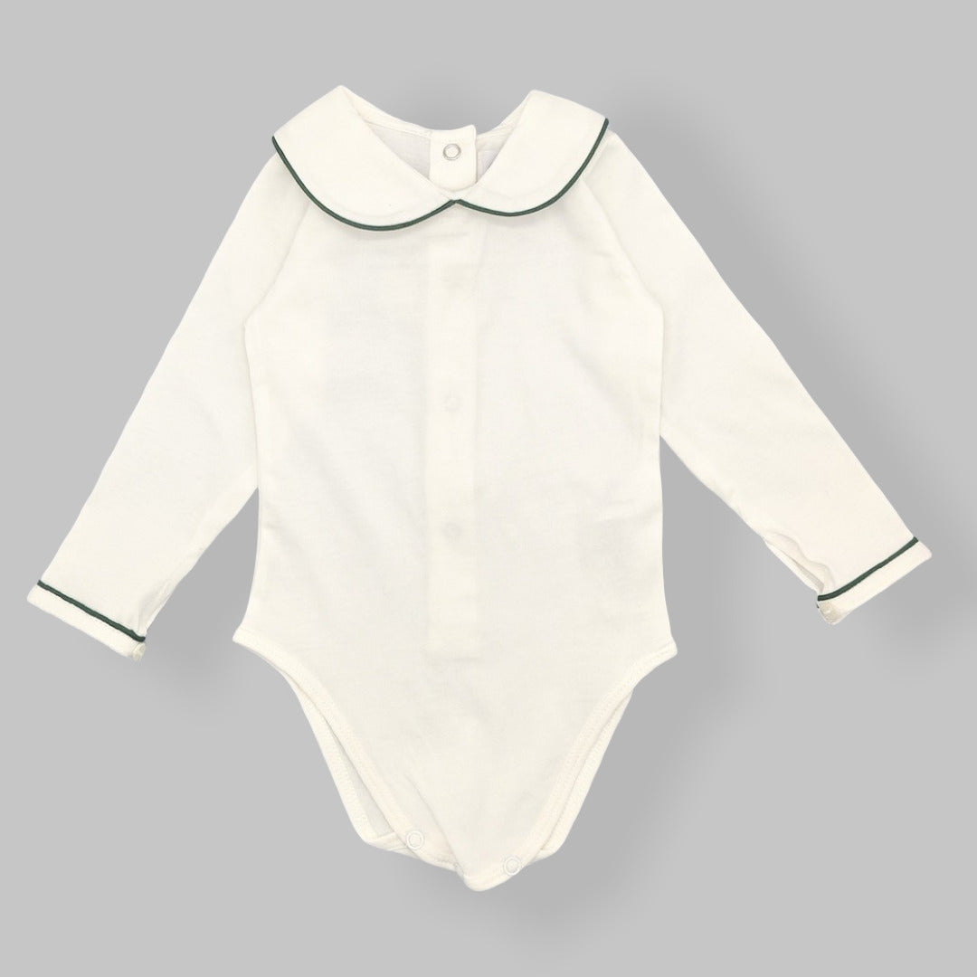 Baby White Cotton Green Trim Bodysuit