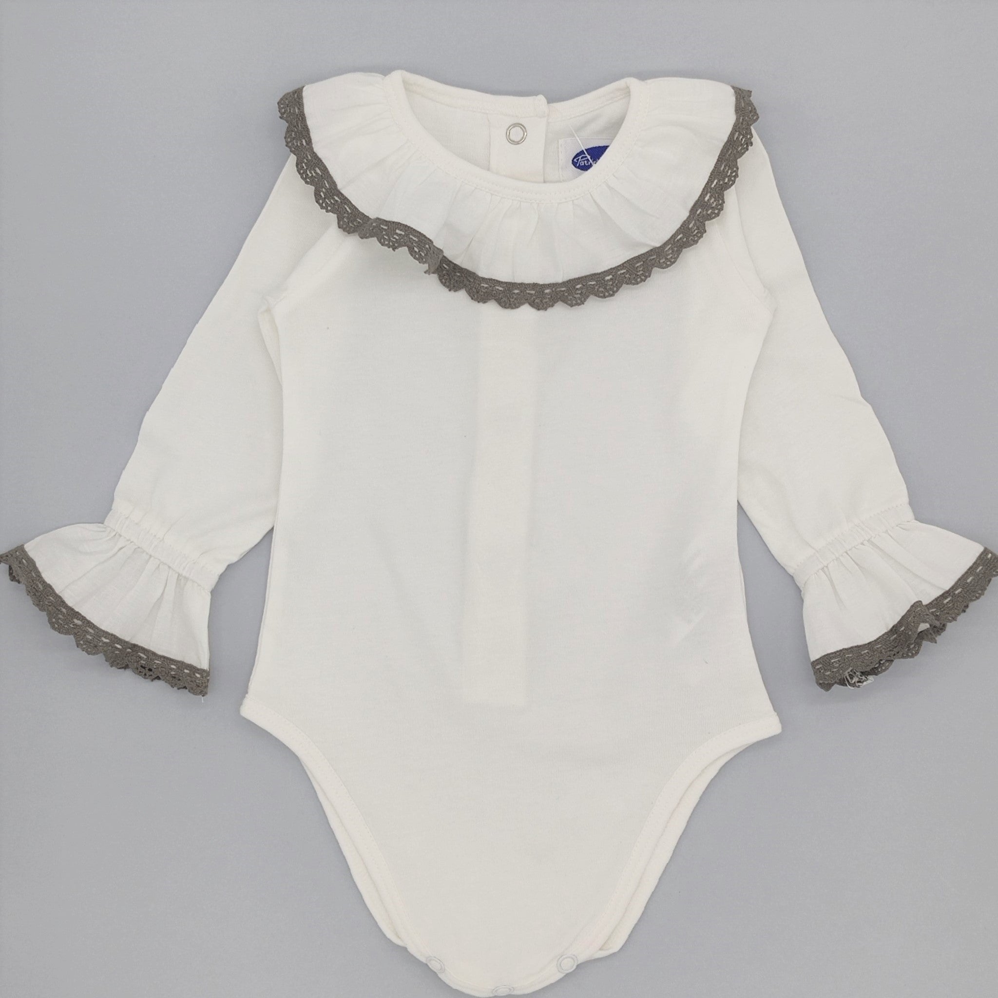 Baby White Cotton Grey Lace Bodysuit