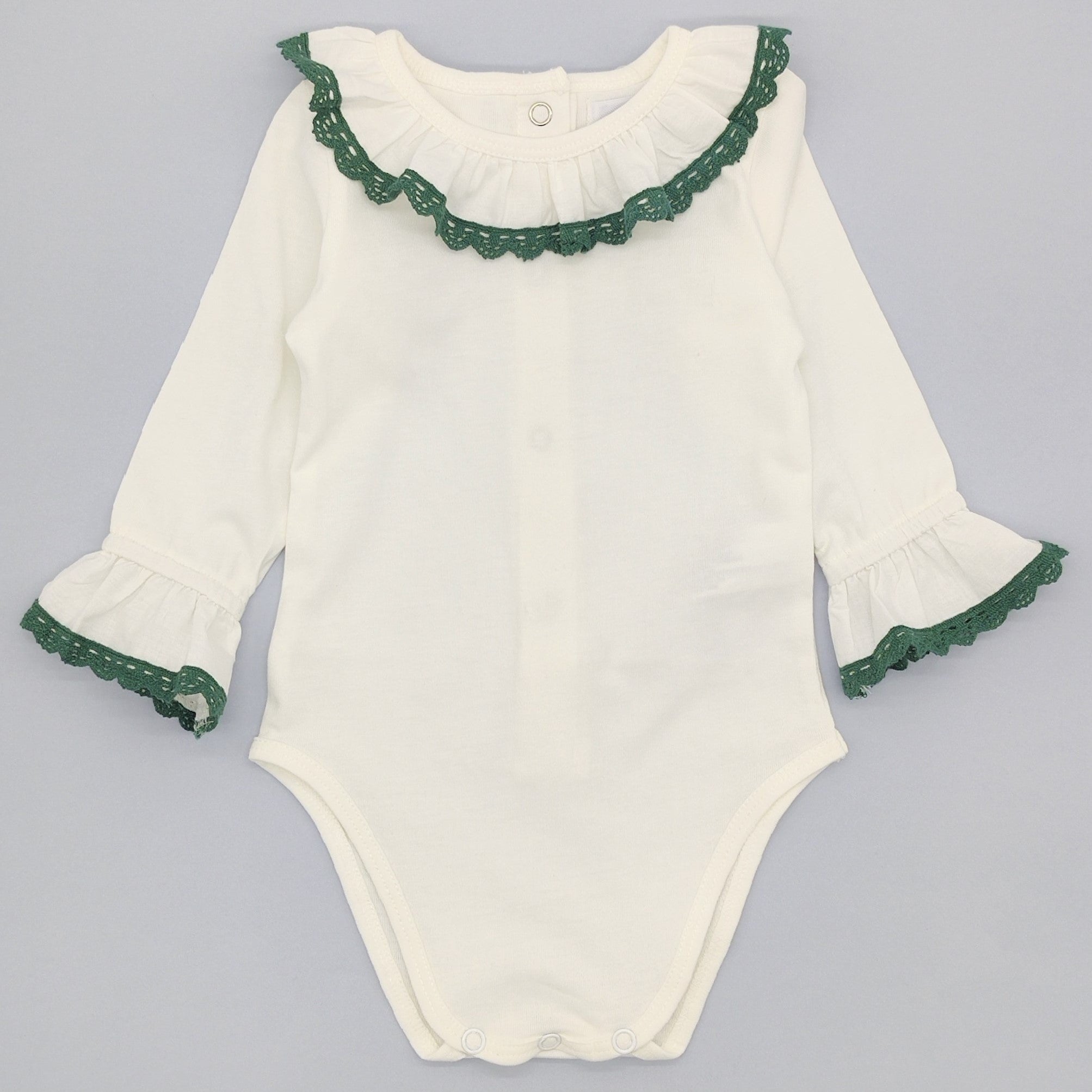 White Cotton Bodysuit with Green Lace