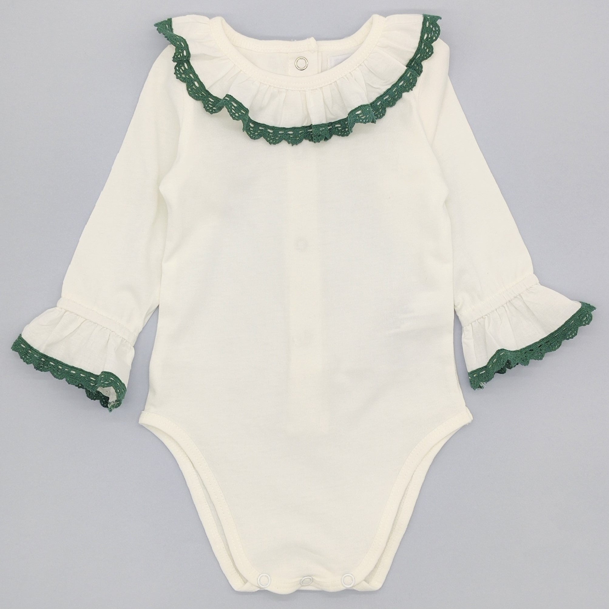 Baby White Cotton Green Lace Bodysuit