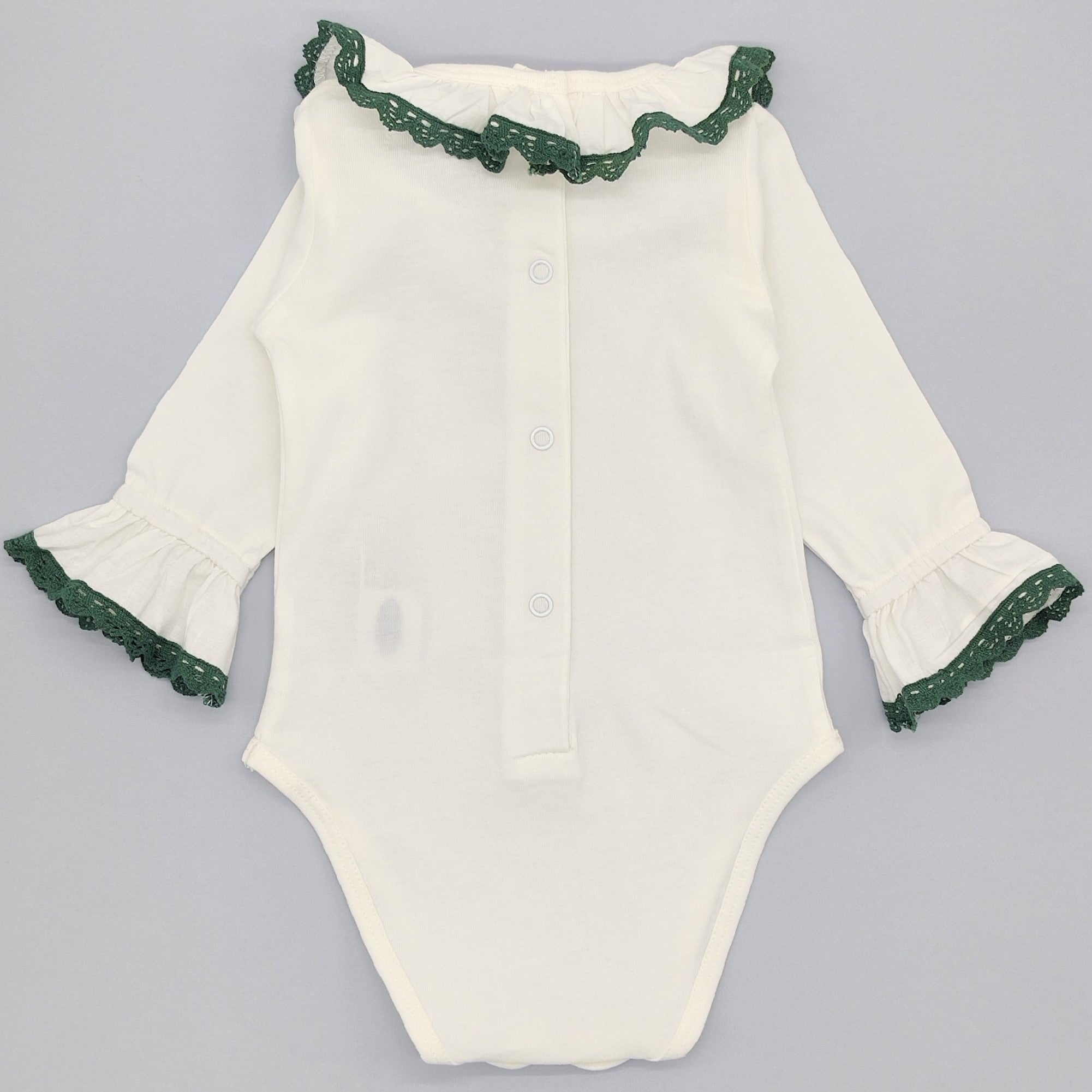 White Cotton Bodysuit with Green Lace