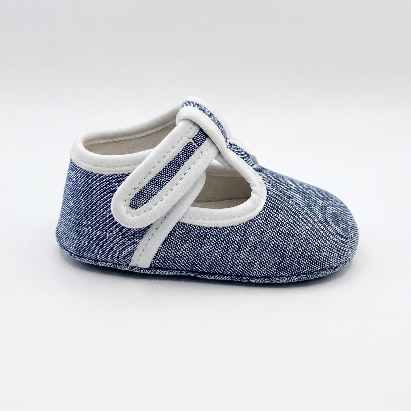 Baby Deep Sea Linen T-Bar Pram Shoes