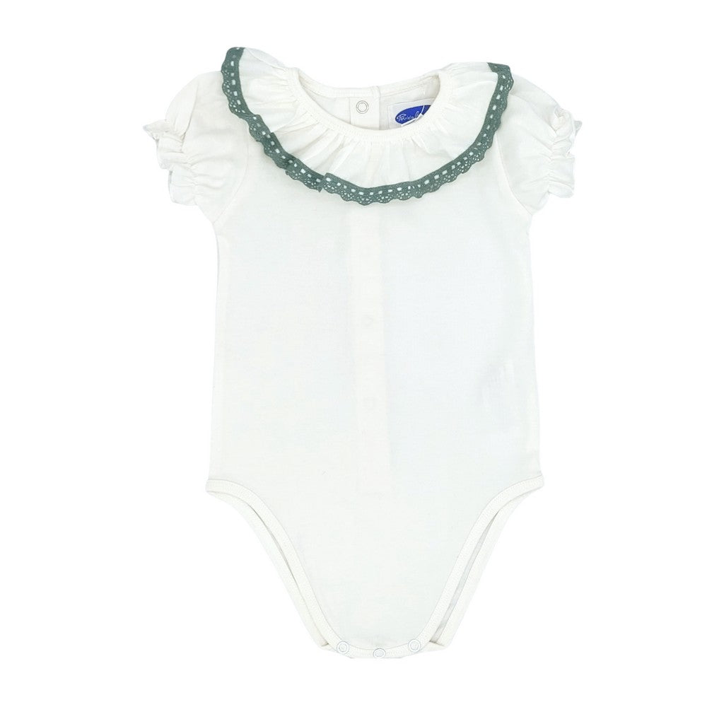 Baby White Cotton Green Lace S/S Bodysuit