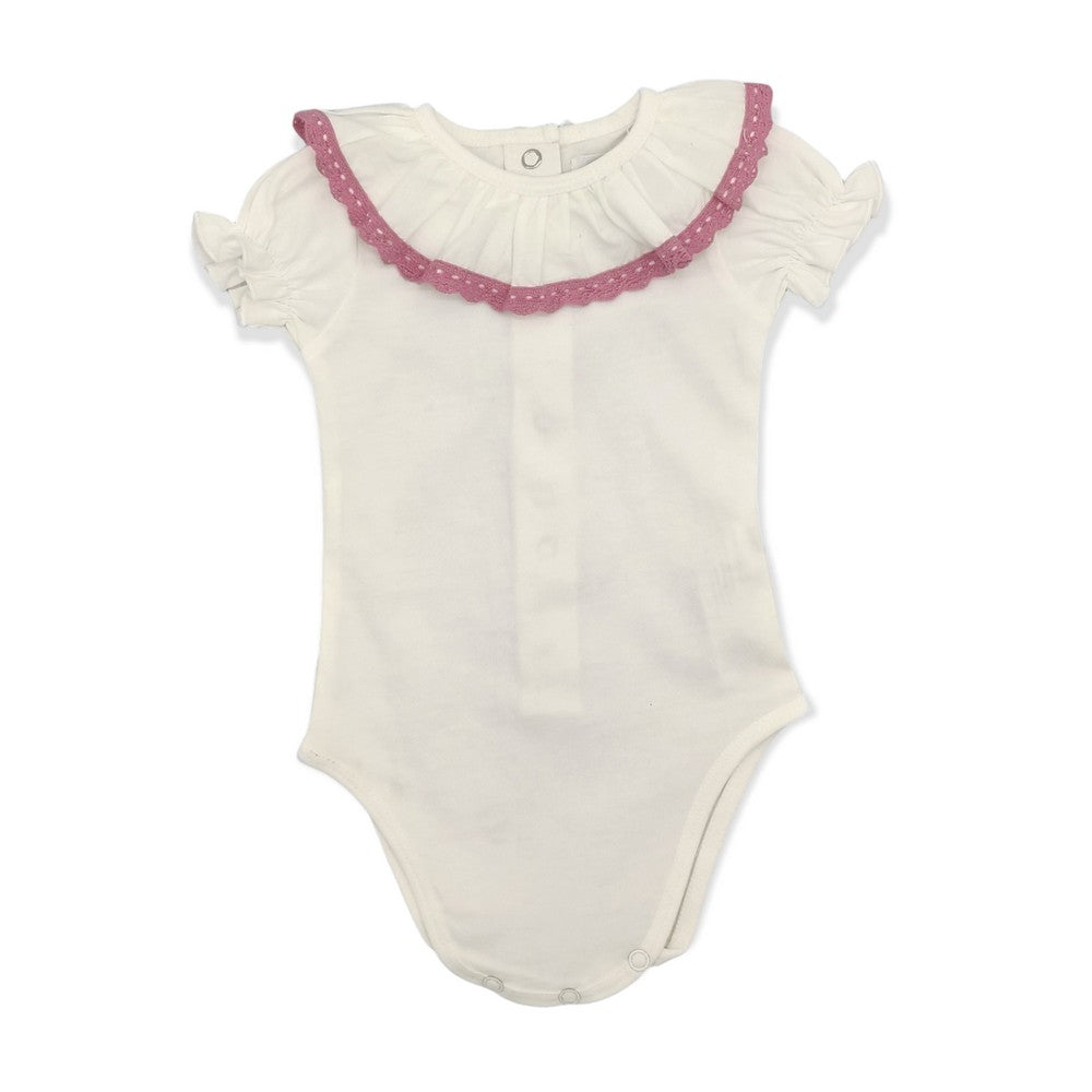 Baby White Cotton Pink Lace S/S Bodysuit