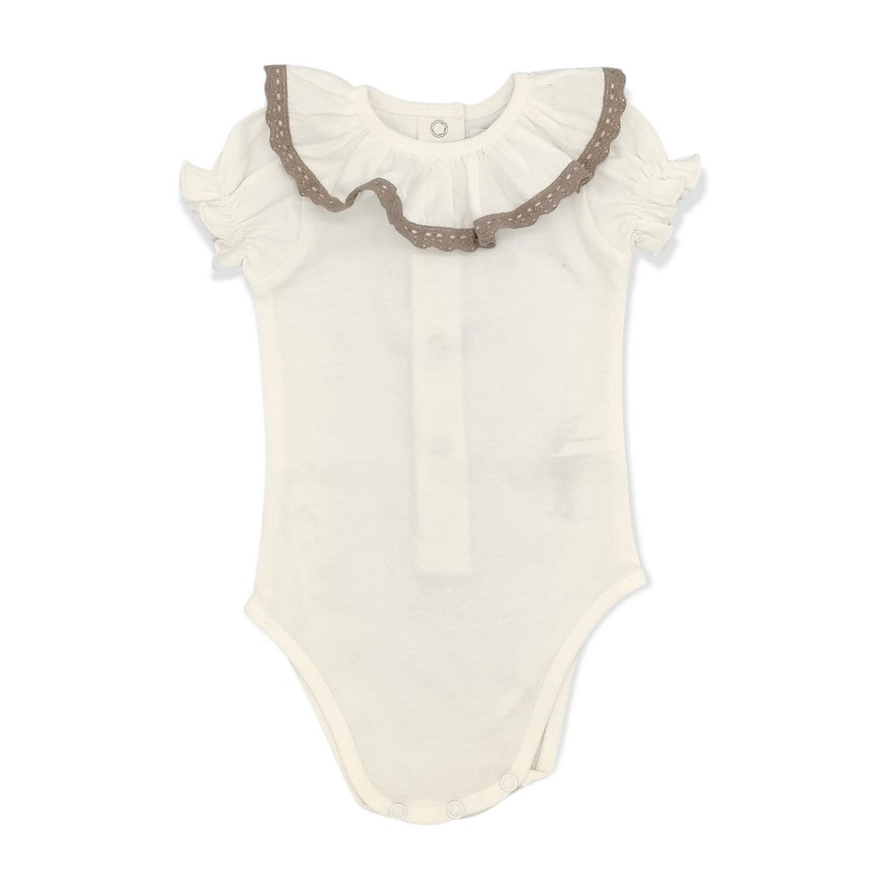 Baby White Cotton Khaki Lace S/S Bodysuit