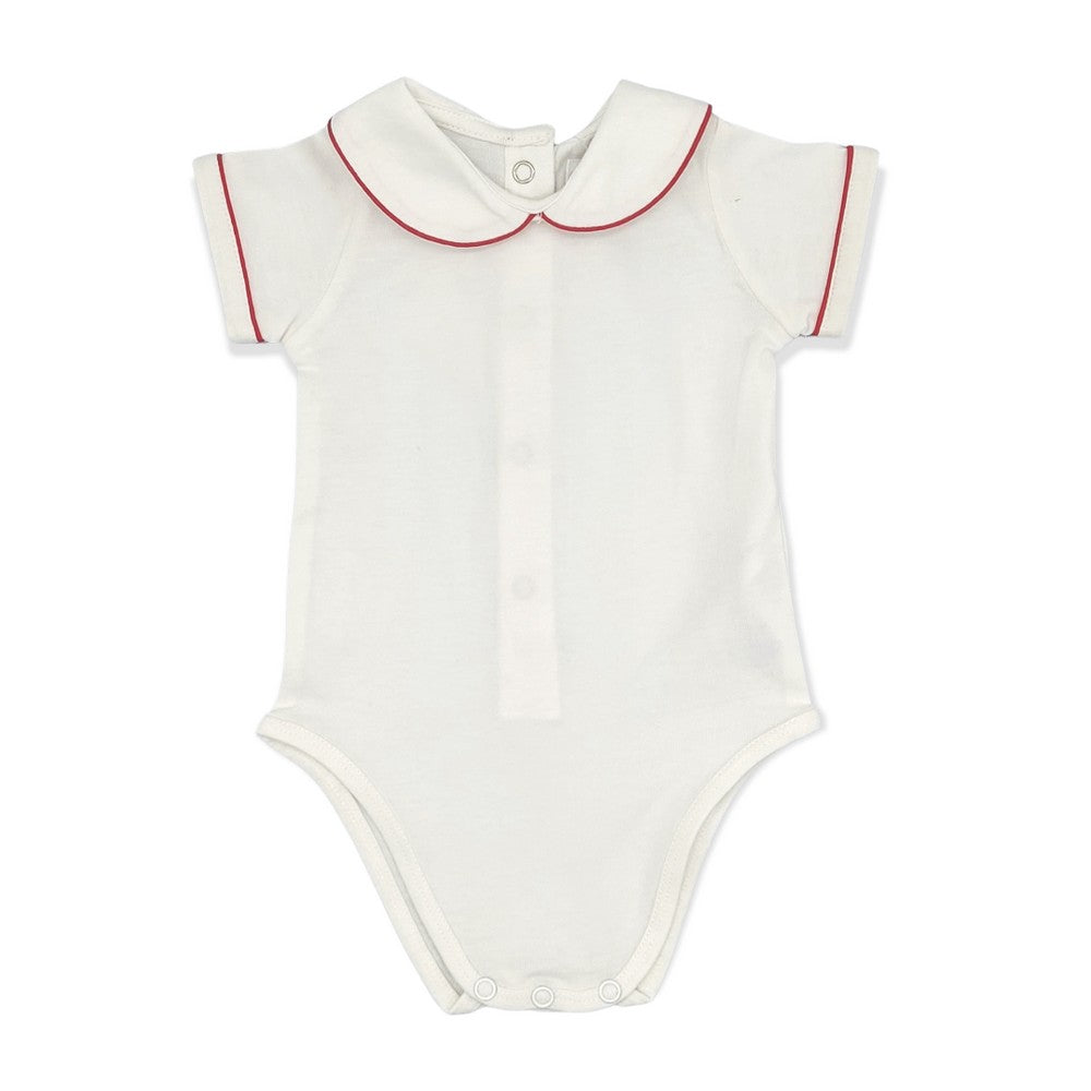 White Cotton Bodysuit with Red Trim