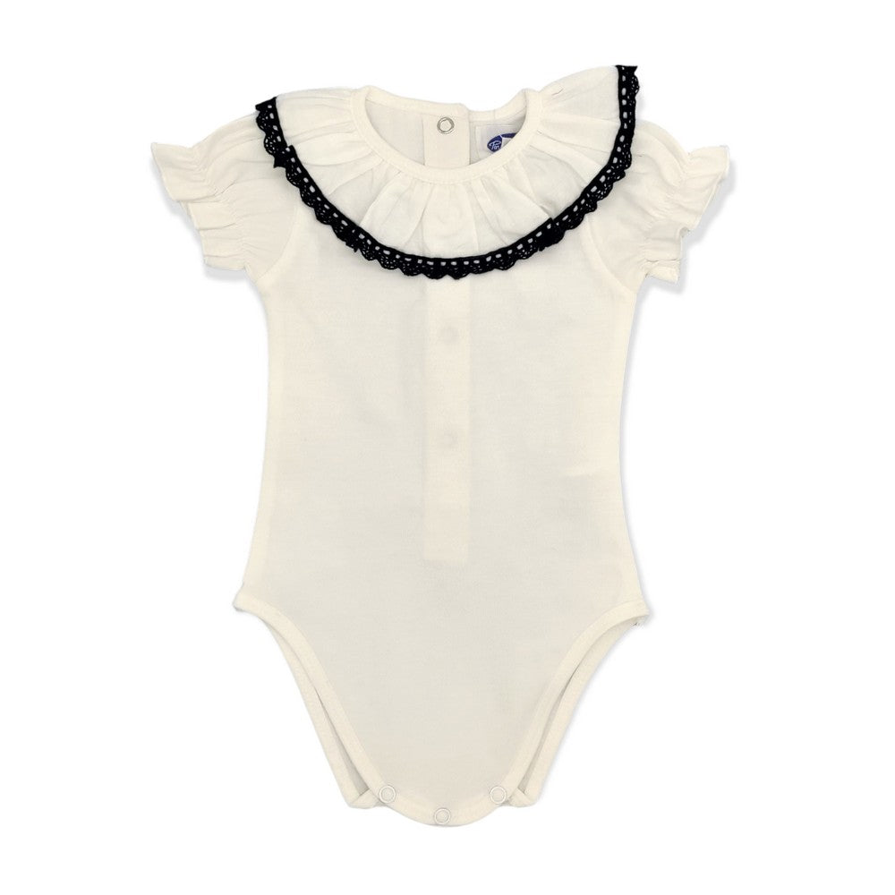 Baby White Cotton Navy Lace S/S Bodysuit