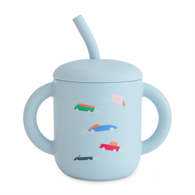 Mushie Silicone Training Cup + Straw Retro Cars