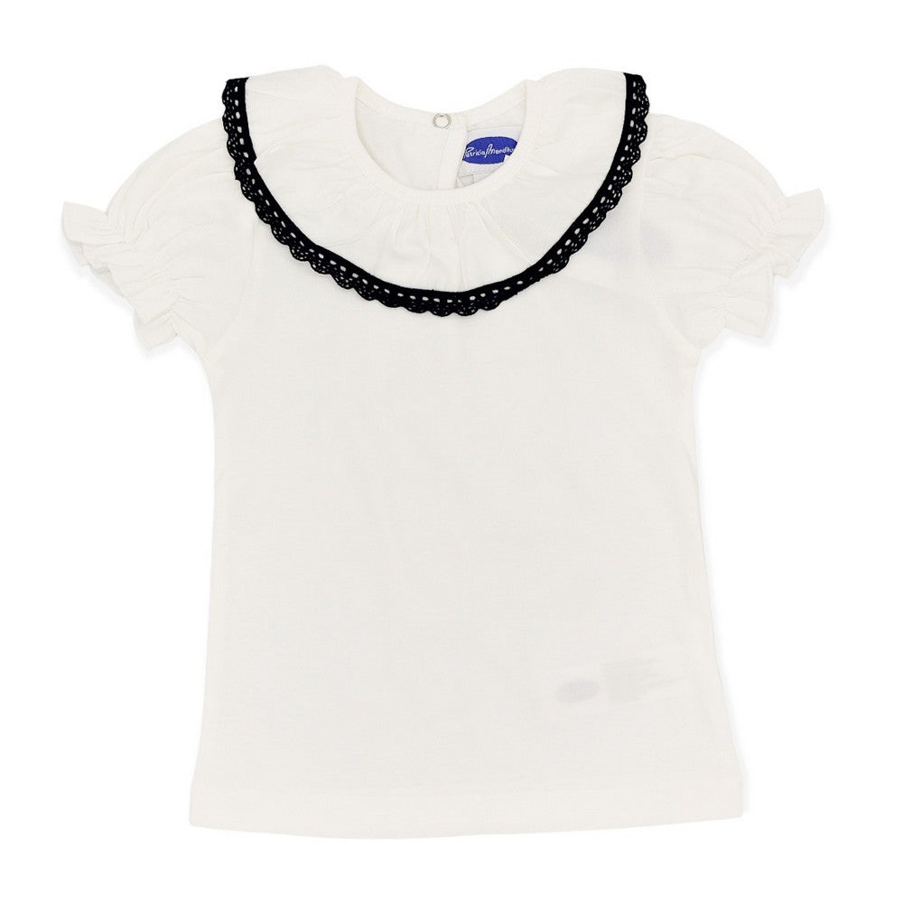 Girl White Cotton Navy Lace S/S Blouse