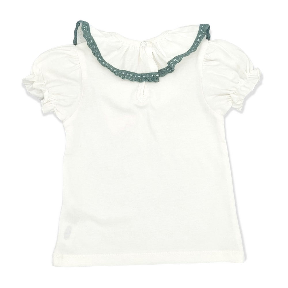 Girl White Cotton Green Lace S/S Blouse