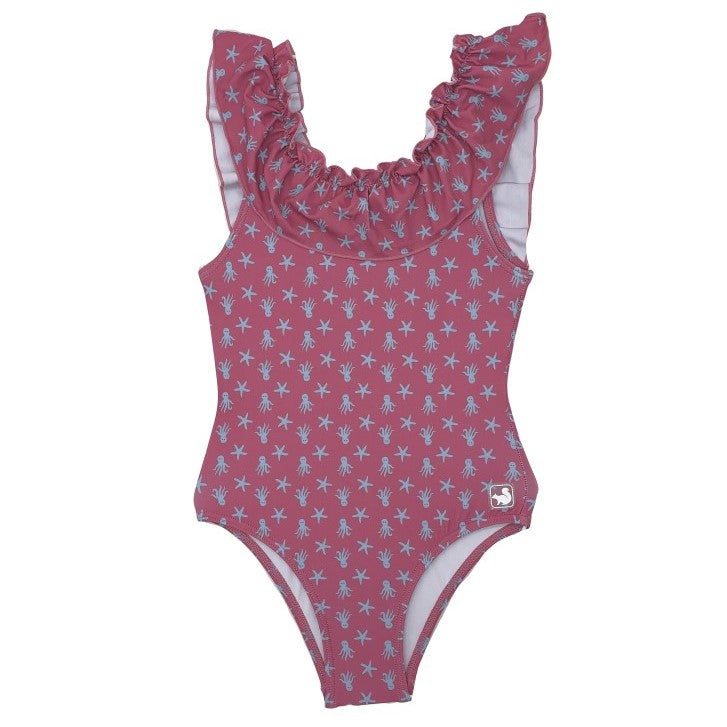 Girl Octopus & Star Fish Strawberry With Blue Ruffle Swimsuit