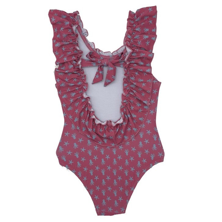 Girl Octopus & Star Fish Strawberry With Blue Ruffle Swimsuit