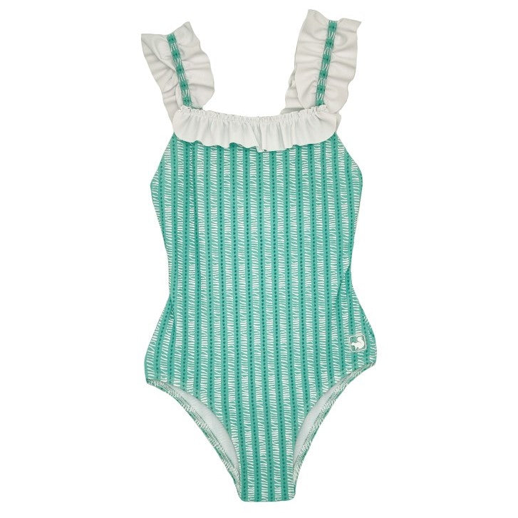 Girl Green & White Pattern Ruffle & Bow Swimsuit