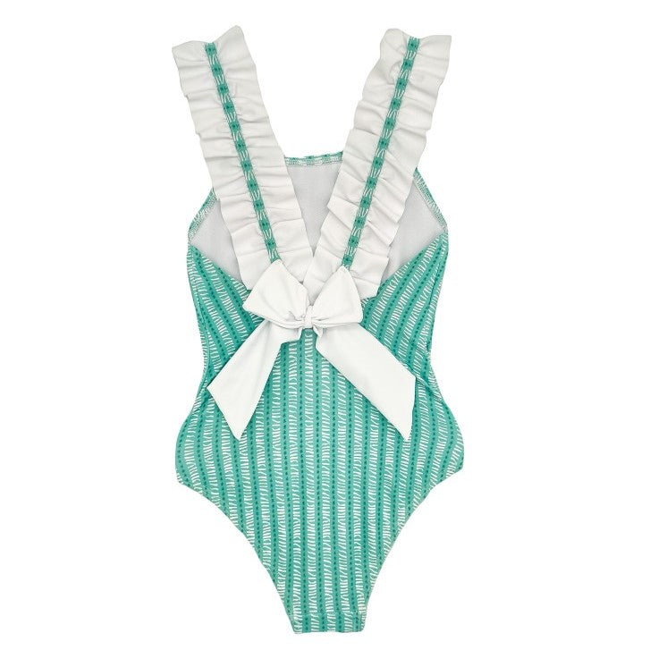 Girl Green & White Pattern Ruffle & Bow Swimsuit