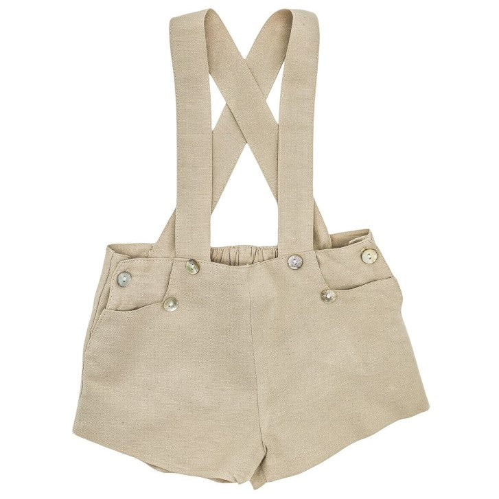 Baby Beige Linen Suspender Shorts