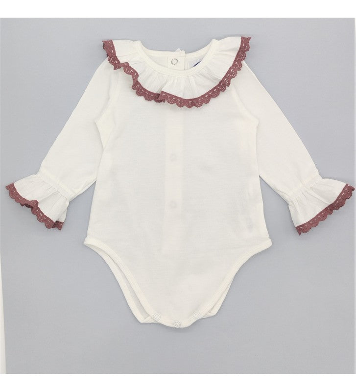 Baby White Cotton Pink Lace Bodysuit