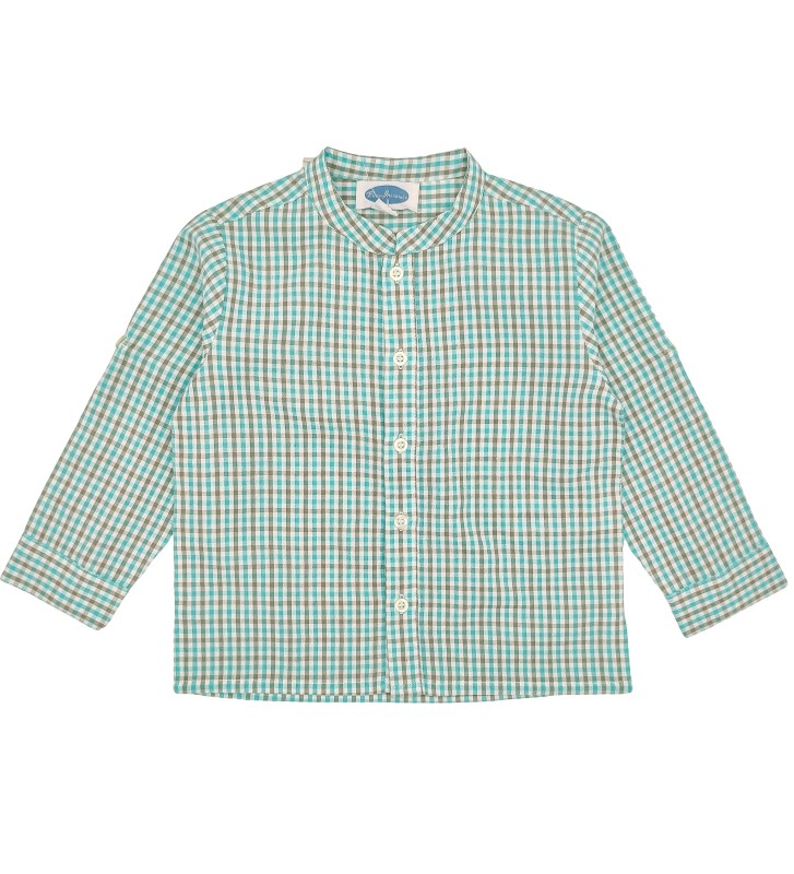 Boy Aquamarine Gingham Mandarin Collar Shirt