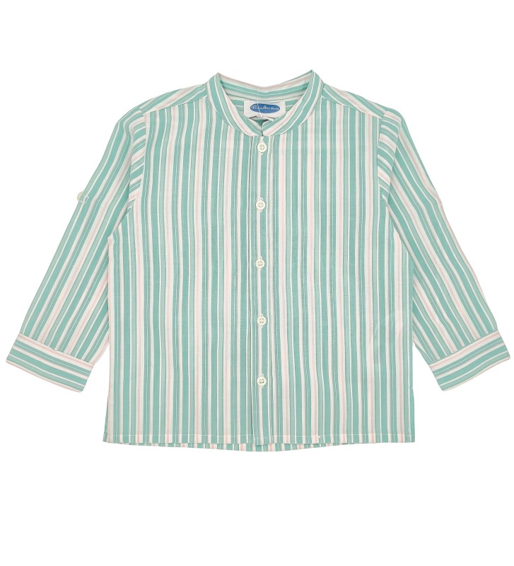 Boy Green & Pink Striped Mandarin Collar Shirt