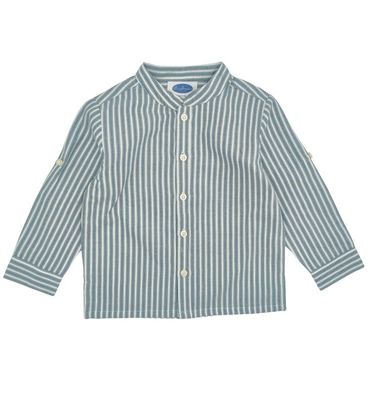 Boy Green & Grey Stripes Mandarin Collar Shirt