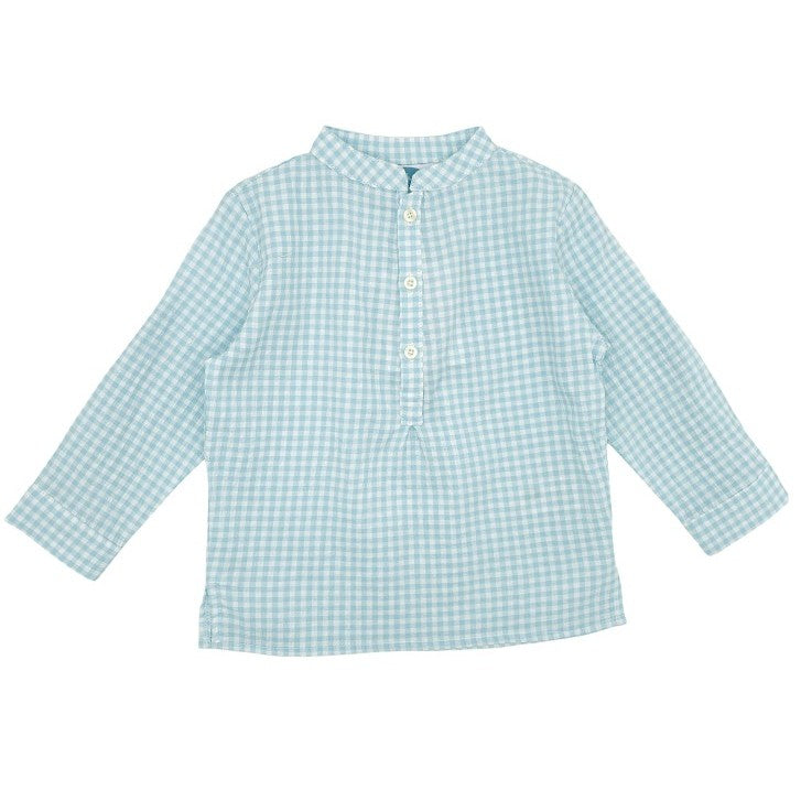 Boy Turquoise Gingham Mandarin Collar Shirt