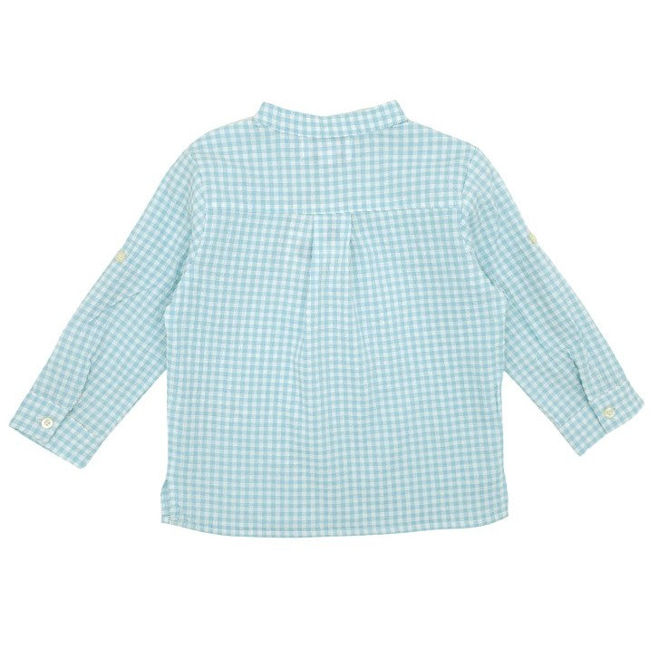 Boy Turquoise Gingham Mandarin Collar Shirt