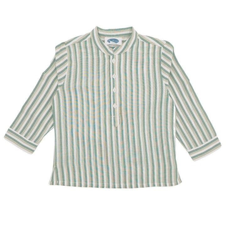 Boy Green & Khaki Stripe Mandarin Collar Shirt