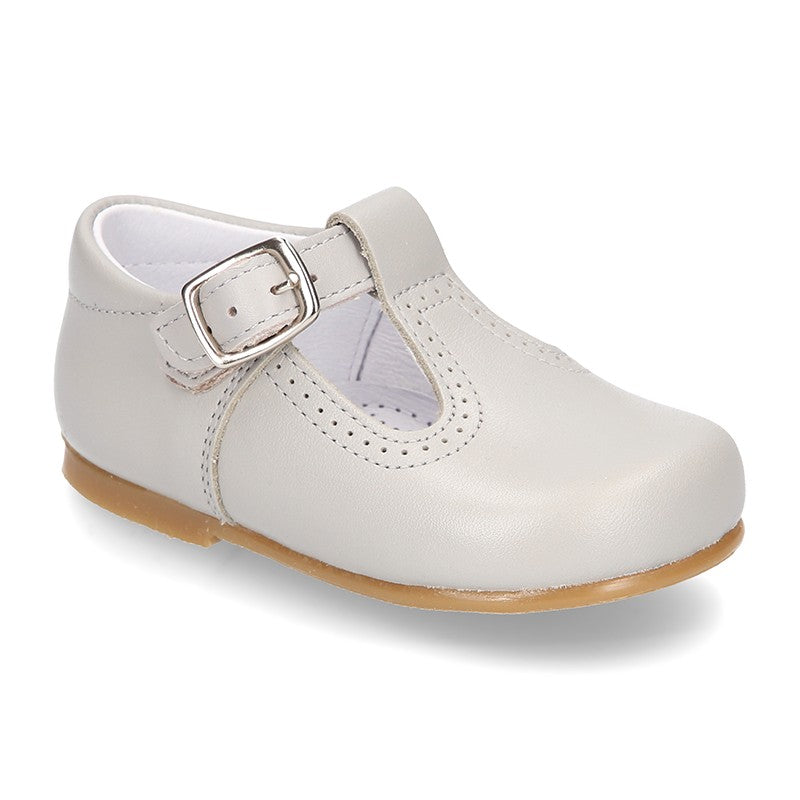 Classic Pearl Grey Leather T-Bar Shoes