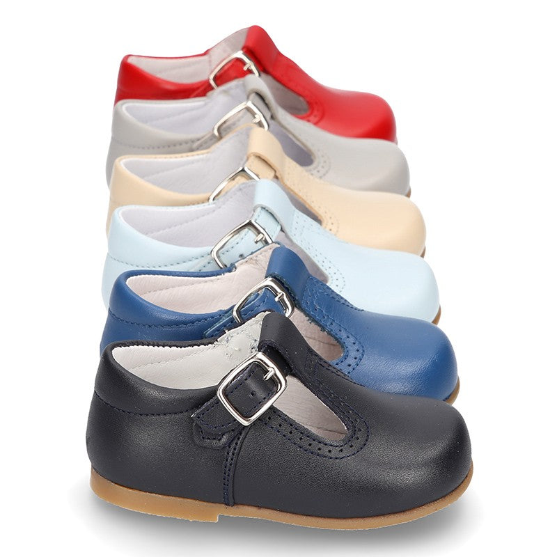 Classic Pearl Grey Leather T-Bar Shoes