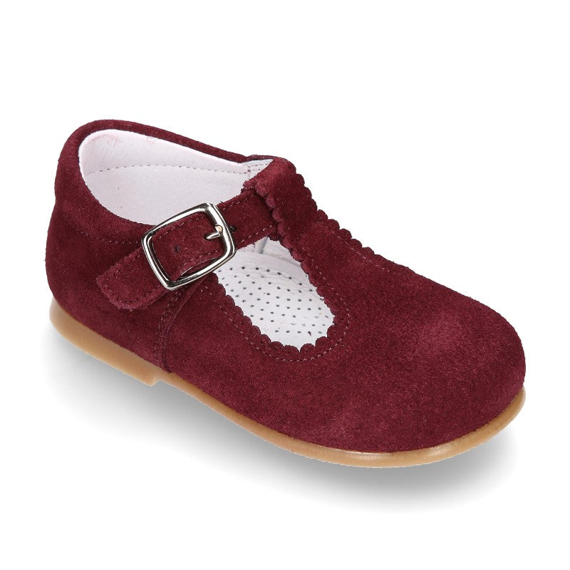 Classic Burgundy Suede Leather T-Bar Shoes