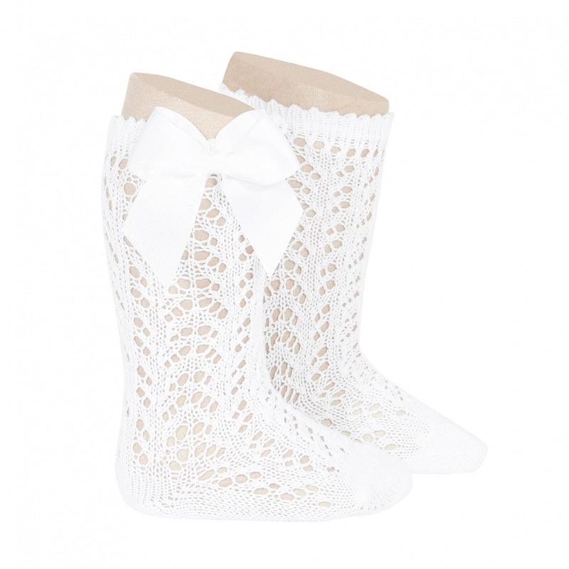 Condor White Openwork Knee High Socks with Bow