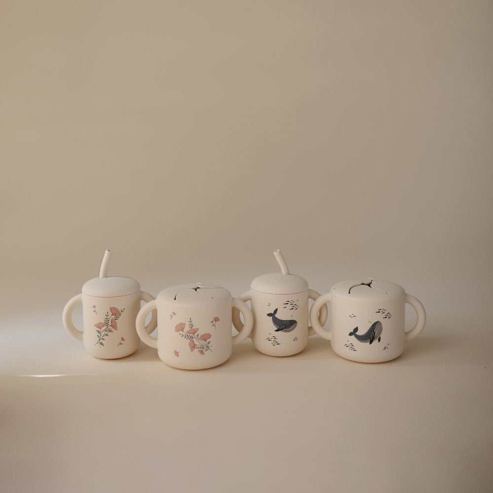 Mushie Silicone Training Cup + Straw Pink Flowers