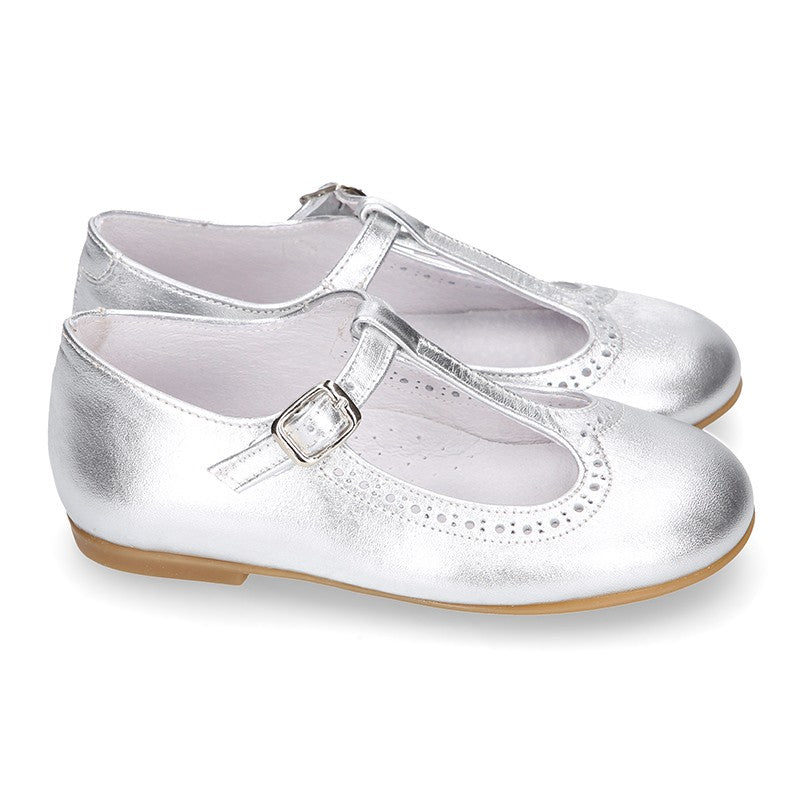 Girl Silver Metallic T-Bar Mary Jane Shoes