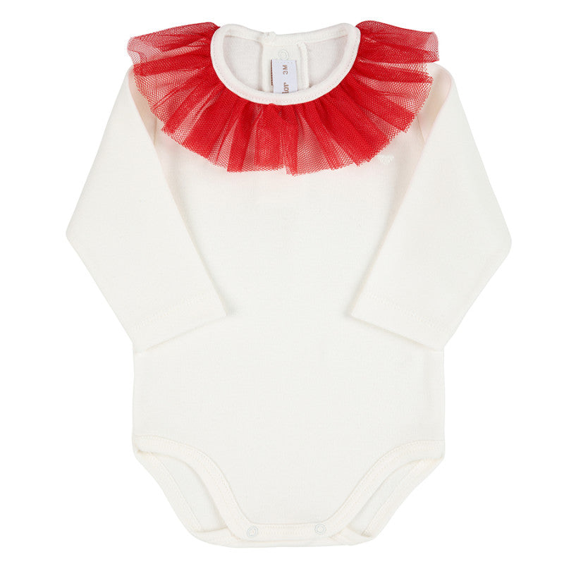 Condor Heart embroidery body with frill tulle collar Cream/Red