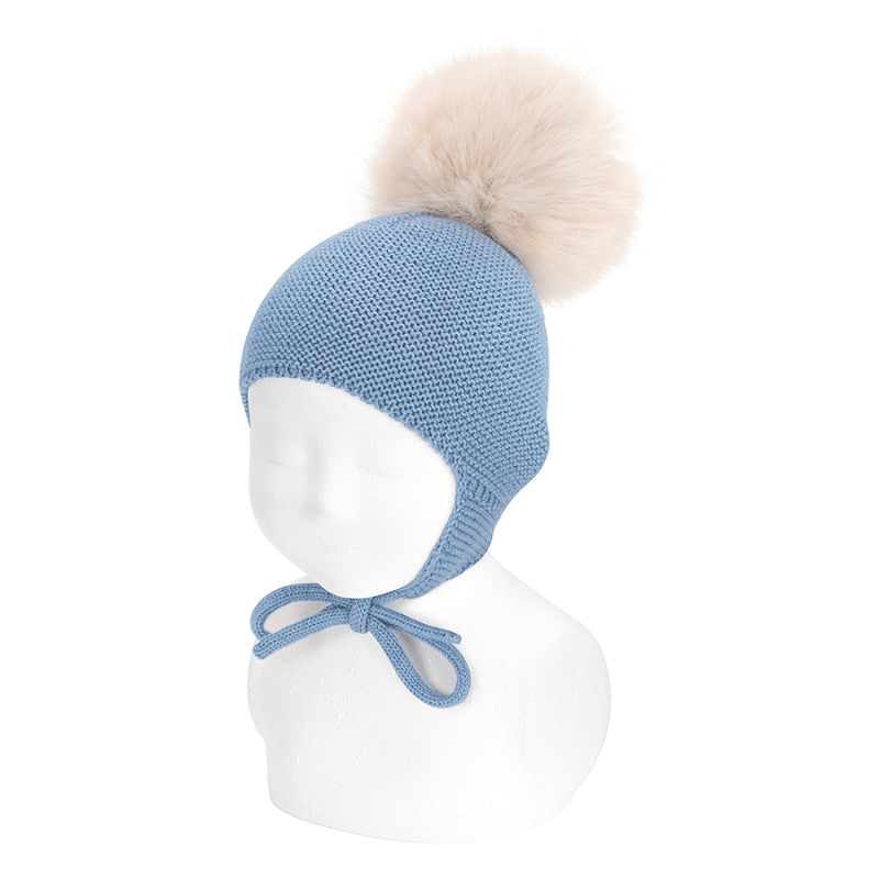 Condor Merino blend knit hat w/earflaps and faux fur pompom Air Blue