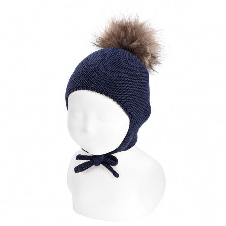 Condor Merino Blend Knit Hat, Earflaps and Faux Fur Pompom Navy