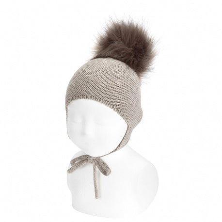 Condor Merino Blend Knit Hat, Earflaps and Faux Fur Pompom Nougat